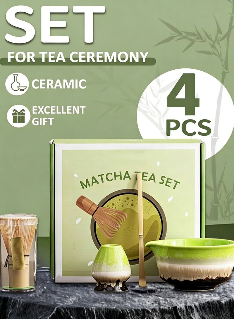 Brinaoki Four-Piece Matcha Tea Set Matcha Whisk Set Ceramic Matcha Bowl White Whisk Stand Traditional Tea Scoop Traditional Matcha Utensils Perfect Set (Green) - Image 1